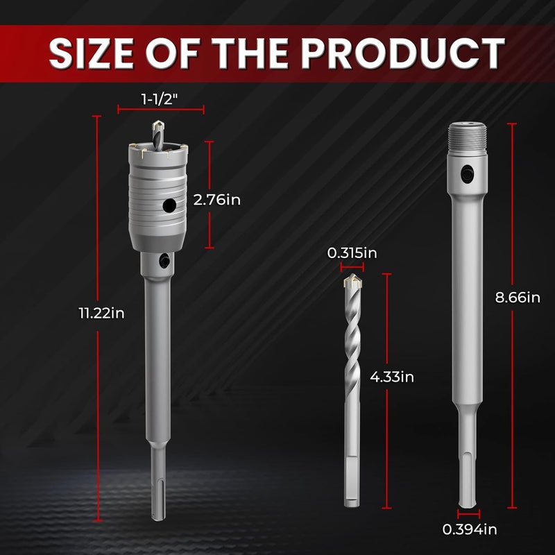 CSOOM منشار ثقب خرسانة 1-1/2" (38 مم) مع قضيب توصيل SDS Plus بطول 220 مم، منشار خرسانة من كربيد للخرسانة، جدار الطوب، الحجر - Image 2